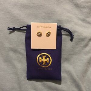 Tory Burch Gold Eye Stud Earrings with Navy Pouch